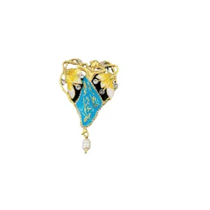 Elegant vintage baroque style sunflower enamel brooch with female figure and pearl drop