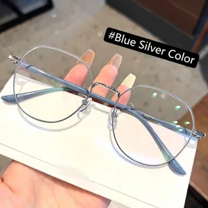 Lunettes de mode à monture métallique bleue et argentée surdimensionnée sans correction