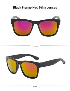 Front and side view of retro large square sunglasses with black frames.