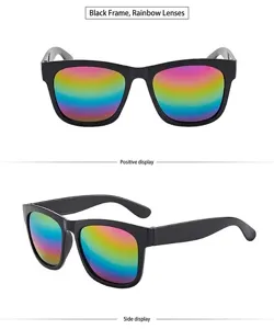 Detailed front and side display of vintage square sunglasses with iridescent rainbow lenses