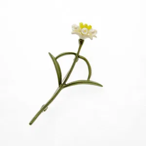 Elegant green enamel carnation brooch pin with white flower and yellow center detail