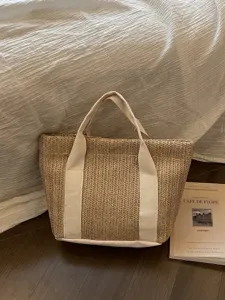 Bolso de mano de paja tejida para vacaciones de verano con asas de lona