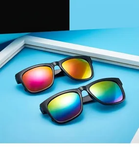 Stylish oversized square sunglasses with vibrant gradient rainbow lenses and black frames