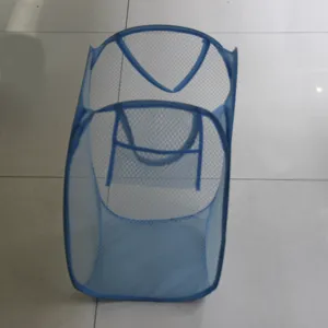 Top view of a blue mesh foldable laundry basket for laundry storage
