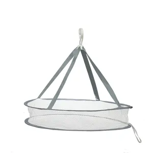 Portable foldable single-tier white mesh drying rack for underwear and socks with gray straps