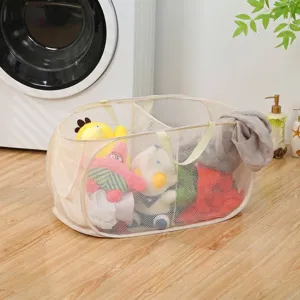 Tragbarer beige faltbarer Wäschesammler aus Netzgewebe für das Badezimmer zu Hause