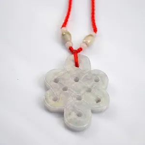 Natural A-grade jadeite Chinese knot pendant with red cord for wealth and good luck