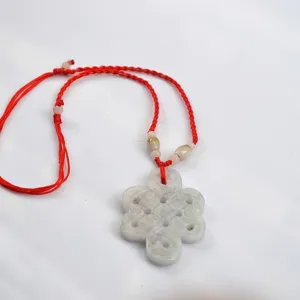 Natural jadeite Chinese knot pendant necklace with adjustable red braided cord for luck