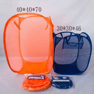 Two sizes of foldable mesh laundry hampers in orange and blue for easy storage
