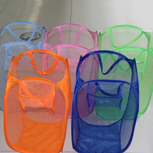 Collection of multicolored collapsible mesh laundry baskets for clothes and toys storage