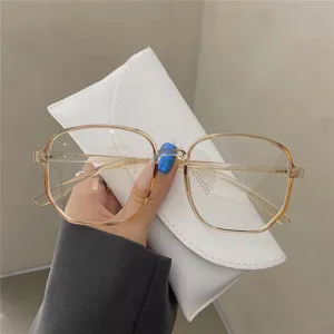 Primer plano de gafas de montura cuadrada grande en color té transparente para mujer
