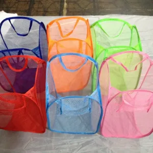 Collapsible mesh laundry baskets in six vibrant colors for breathable home storage