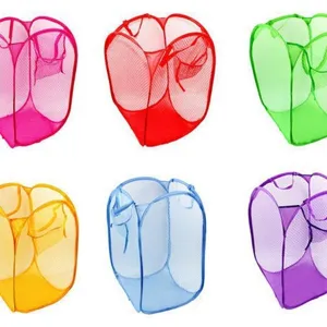 Set of six vibrant multi-color foldable mesh laundry baskets for clothes and toys storage