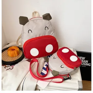 Niedliches graues und rotes Cartoon-Kuh Rucksack- und Umhängetaschen-Set für Kinder