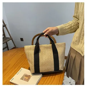 Bolso Tote de Paja Tejido a Mano para Mujer Estilo Pastoral Playa Vacaciones Bolso de Mano Con Asas de Lona Gran Capacidad Cierre de Cremallera