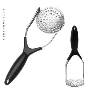 Foldable stainless steel potato masher with ergonomic black handle for kitchen