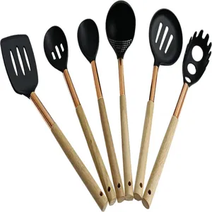 6-piece kitchen utensil set with heat-resistant silicone heads and natural wood handles for daily cooking.