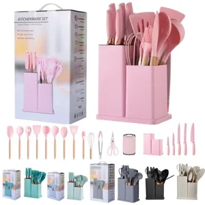 Modern Silicone Kitchen Utensils Set Non-Stick Spatula Spoon Cooking Tools With Wooden Handle Storage Bucket Holder Home Kitchenware Accessories