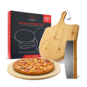 Kit de pierre à pizza de 15 pouces avec pelle en bois et roulette pour cuire de délicieuses
