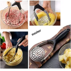 Manual stainless steel potato masher with foldable design and ergonomic non-slip handle