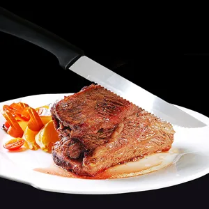Couteau à steak en acier inoxydable robuste avec manche en plastique noir pour une coupe efficace.
