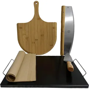 15-piece pizza peel baking tool set with rocker cutter, wooden paddle and baking stone.