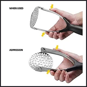 Demonstration of a foldable stainless steel potato masher in open and closed positions