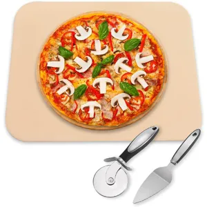 3-teiliges quadratisches Pizzastein Set mit Holzbrett, Pizzaschneider und Kuchenheber.