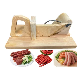 Manual oak wood sausage slicer with stainless steel blade and sliced ham samples