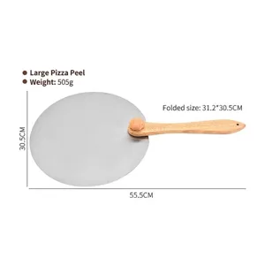 Close-up of 12-inch foldable stainless steel pizza peel with wooden handle and dimensions