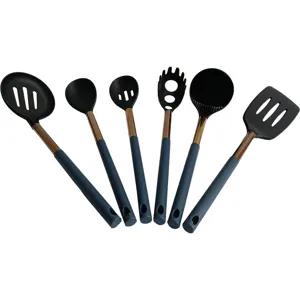 Detailed view of kitchen utensil set featuring heat-resistant nylon heads and ergonomic handles.