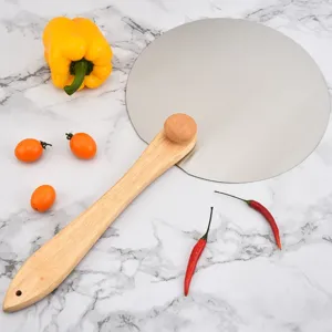 Close-up of 12-inch round stainless steel pizza peel with wooden handle
