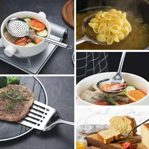 Collage detallado de utensilios de cocina de acero inoxidable para cocinar y servir.