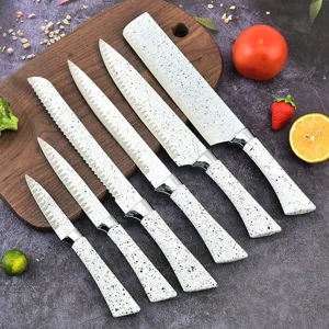 Set di 6 coltelli da cucina in acciaio inox 4Cr13 maculato su tagliere di legno