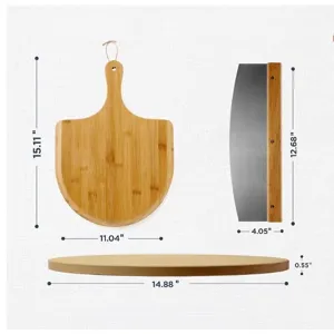 Ensemble de 3 pieces pelle a pizza, pierre de cuisson et grand couteau basculeur en bois.