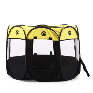Foldable pet playpen detail view, breathable mesh and durable fabric, octagonal portable design.