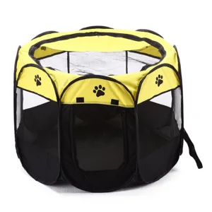 Foldable octagonal pet playpen and breathable mesh tent for small dogs and cats safety.
