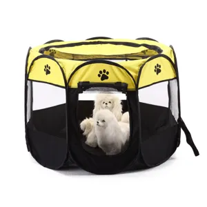 Foldable octagonal pet playpen with mesh windows, breathable puppy tent for indoor outdoor use.