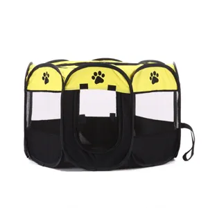 Detailed view of the foldable octagonal pet playpen with breathable mesh and paw print design.
