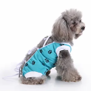 Breathable dog recovery suit with cute paw print pattern and secure straps for surgical care.