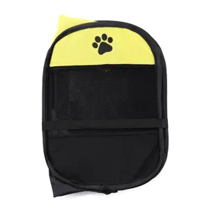 Foldable pet tent detail view, black and yellow portable pet playpen storage state.