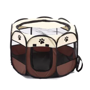 Foldable octagonal pet playpen and breathable mesh tent for dogs, cats, and small animals outdoors.