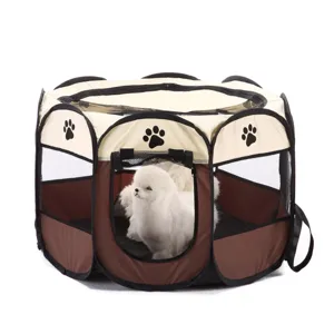 Foldable pet tent detail showing breathable mesh windows and brown beige octagonal design for dogs.