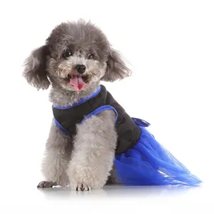 Detailed view of the stylish pet dog summer dress with black top and blue tulle skirt.
