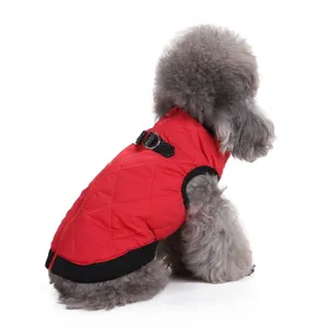 Professional red quilted dog winter jacket with back zipper closure and leash D-ring detail
