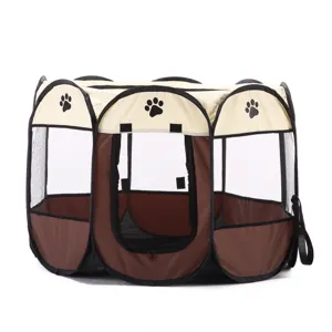 Foldable pet playpen detail showcasing breathable mesh windows and cute paw print design.