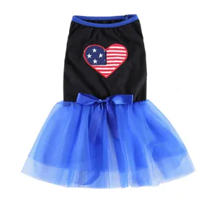 Cute dog dress with star stripe heart patch, blue mesh tutu skirt and bow for summer pets.