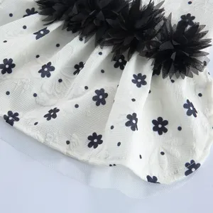 Gros plan sur les details de la robe pour chien avec impression florale et tulle.