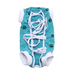 Breathable pet recovery suit for dogs, anti-licking post-surgery wear with paw print and straps.