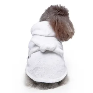Detail view from the back of a plush white pet bathrobe featuring a hood and belt